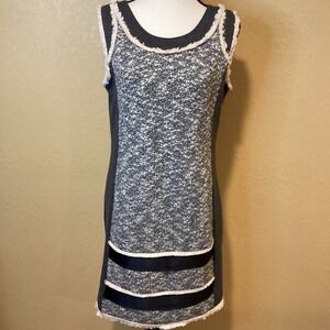 THML Tweed Sleeveless Dress Medium Fringe Ribbon Detail Shift Preppy Boho